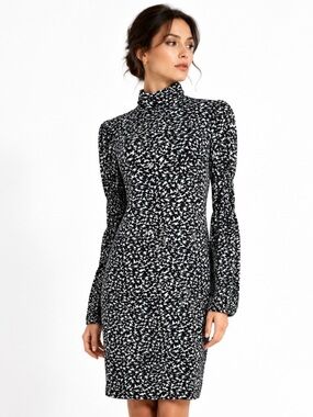 TED BAKER LONDON Black & White High-Neck Long-Sleeve Printed Dress Size 4